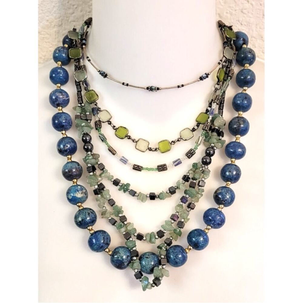 5 Pc Necklace Choker Lot Blues Greens Gemstone Sea Glass Hematite Beachy